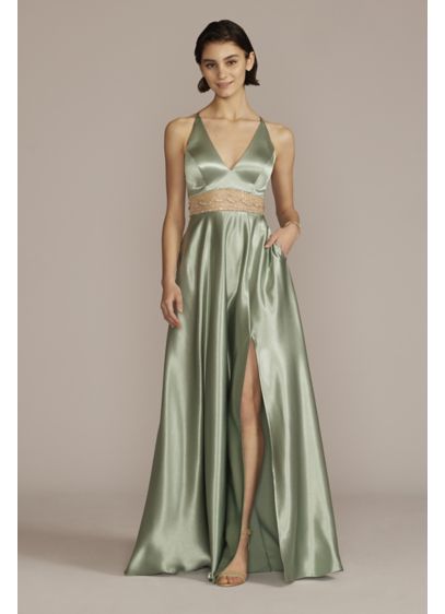 Satin Prom Gown with Embellished Illusion Waist - Bare some skin beautifully in this satin sheath